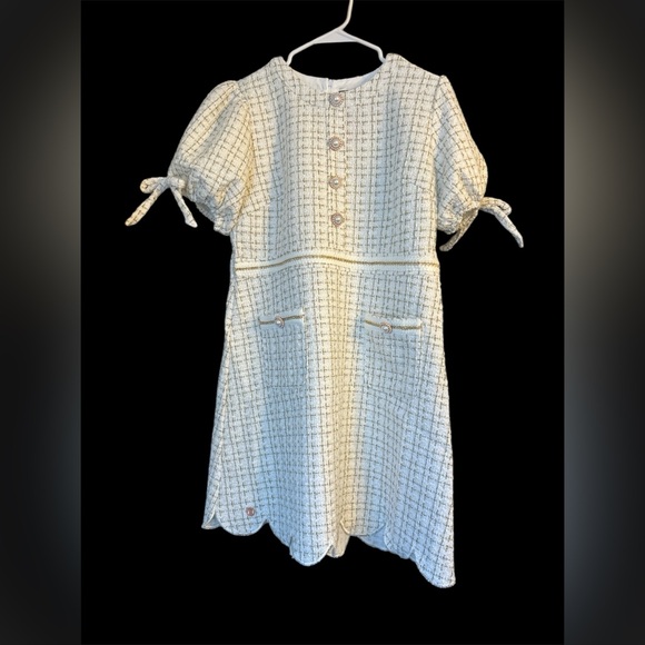 Simply Southern Dresses & Skirts - Girhoodcore Cream Tweed Pearl Gold Embellished Dress - L